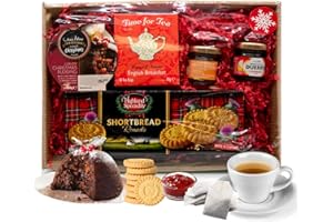 ICMINDS GIFTS Hamper basket food christmas hamper - luxury Christmas food hamper for afternoon tea hamper with english breakfast tea scottish shortbread pudding jam - gifts for women men couples hamper for sharing
