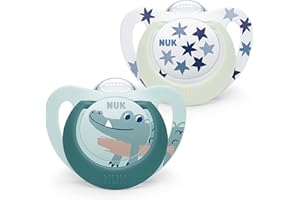 NUK Star Night chupete | 6-18 meses | Calma al 99 % de los bebés | Chupetes de silicona sin BPA | Brilla en la oscuridad para encontrarlo por la noche | Incluye funda | Verde | 2 unidades