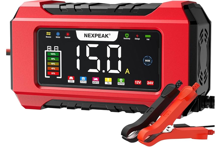 NEXPEAK NC215 Cargador Inteligente Batería 15A, 12V 24V LiFePO4 para Coche | Carga 9-etapas portátil con almacenamiento