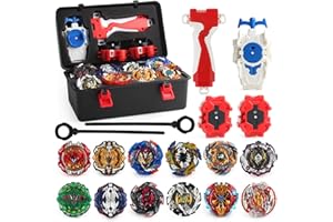 3T6B Peonzas Juguetes Conjunto, 12 PCS Turbo Burst Gyro Spinners y 2 Lanzador Set con Caja Portátil, Cumpleaños, Navidad Regalo, Juguetes Niños (Gris)