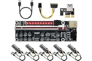 YBBOTT PCIE Riser 1X to 16X GPU Riser Card, with 0.6m USB 3.0 Cable - LED Light - 6PIN to SATA Cable - 11 Fixed Capacitors, PCI Express Riser Extender Adapter for Bitcoin Ethereum Mining (V014-MAX)