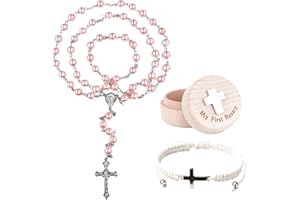 aieieii 3 Pcs Baptism Gifts for Girls, Christening Gifts for Girls Baby Girl Gift, Christening Gifts have Pink Rosary Beads, Rice White Bracelet and Small Wooden Box, Suitable Baby Baptisms