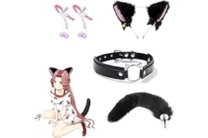 Quintrost 4 Piezas Plugs Anals de Acero Inoxidable con Cola de Zorro, BDSM Masturbador de Ano con Pinzas para Pezones, Collar y Orejas de gato SM Juguete Sexual Butt Plug para Parejas Cosplay