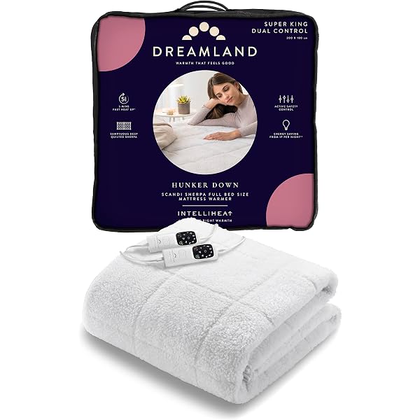 Dreamland SuperKing Size Hunker Down Scandi Sherpa Electric Underblanket ( Intelliheat Plus Fast Heat, Machine Washable, 200 x 180 cm, 2 Detachable  Controls, 6 Temperature and Auto Timer) : Amazon.co.uk: Everything Else
