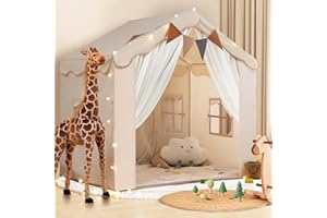 WIRHAO 2 IN 1 Kinderzelt, Kinder Spielhaus Indoor mit Matte und Lichtern, Kinder Bettzelt,Spielzelt für Drinnen,Prinzessin Zelt, Kinderspielhaus, Kinderzimmer Dekor ab 3 Jahre