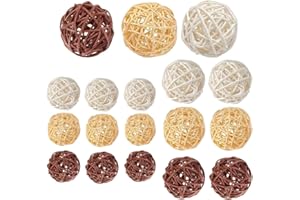 LATRAT 18 Stück Deko Kugeln Rattankugeln Dekokugeln Wicker Rattan Ball, Kugeln Hochzeit Tischdeko Party Hängedeko Aromatherapie Duft Kaninchen Vogel Papagei Kauspielzeug, Hölzern+weiß+Curry