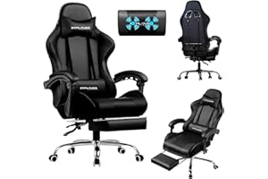LUCKRACER Silla Gaming con Masaje Ergonómica | Reposapiés y Reposacabezas Retráctil | Soporte 150 kg | Oficina y Hogar | Color Negro