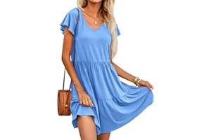 Hotouch Letnia sukienka damska, na czas wolny, jednokolorowa, dekolt w serek, sukienka plażowa z falbankami, krótki rękaw, długość do kolan, luźna sukienka o linii A, z kieszenią