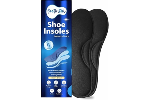 Footvital Memory Foam Shoe Insoles for Men and Women Soft Cushioned Inserts for Long Standing and Walking Supports Heel and Arch Shock Absorbing Moisture Absorbing Lightweight Washable Insoles for All Shoes 1 Pair Black Size 8