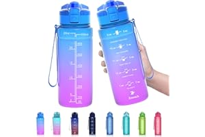 Zounich Świetna sportowa butelka na wodę, szczelna, bez BPA, dla dzieci i dorosłych, na siłownię, do szkoły, sportowa, na rower, z oznaczeniem czasu, z infuserem, z zamykaną pokrywą, rozmiar L