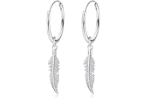 JeweBella Pendientes Mujer Plata de Ley con Colgante Pluma Pendientes de Aro Hipoalergénicos para Mujer Hombre Niña Diámetro: 15 mm