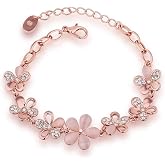 Okos Rose Gold Plated Pink Flowers Link Chain Adjustable Size Charm Alloy Bracelet Decorated With Crystals for Girls & Women 