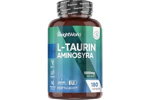 L Taurin Kapslar – 1000 mg per portion – 180 veganska aminosyrakapslar – Taurin aminosyra kapslar – 3 månaders förråd – Alternativ till taurinpulver eller tabletter – 2 kapslar dagligen – WeightWorld
