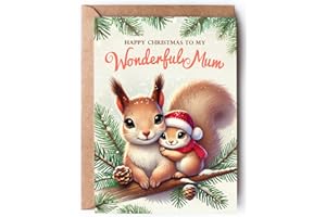 LOVOBIRD Mum Christmas Card from Son or Daughter - Cute Squirrel Design - Xmas Card with Verse Inside for Mummy - A5 with Kraft Envelope