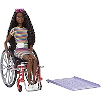 Barbie Fashionistas Doll #166 with Wheelchair & Crimped Brunette Hair Wearing Rainbow-Striped Dress, White Sneakers, Sunglas