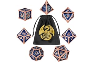 DND DADO Metal Dice Set, Dragon Pattern, 7pcs Polyhedral Metal DND Dice Set, DND Starter Set, D&D Gifts with Gift Bag, Role Playing Board Games Accessories, Blue ﻿