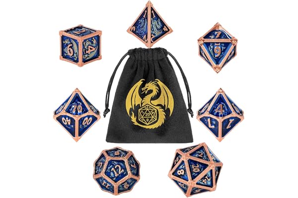 Lot de Dés en Métal DND, 7 Dés Polyédriques en Métal, Accessoires pour Jeux de Rôle, Jeux de Société, Cadeaux D&D avec Sac Cadeau, D20, D12, 2 D10 (00-90 et 0-9), D8, D6 et D4, Cuivre Rouge + Bleu