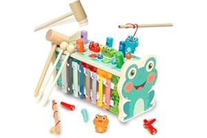 Siairo Holz Montessori Spielzeug Xylophon Hammerspiel Kinder 5 in 1 Hammerspiel Kinderspielzeug Angelspiel Holzspielzeug ab 1 2 3 Jahr Lernspielzeug Geschenk für 2 3 4 5 Jahre Mädchen Junge