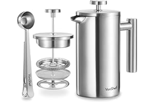 VonShef 6 Cup Cafetiere, Stainless Steel 800ml Double Walled French Press with Measuring Spoon/Bag Seal, Dishwasher Safe Filter Coffee Maker with Plunger