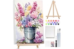 Lxmsja Pintura enmarcada por números de flores para adultos principiantes con caballete de madera, pintura de flores por números para adultos en lienzo, kit de pintura acrílica para bricolaje, arte y