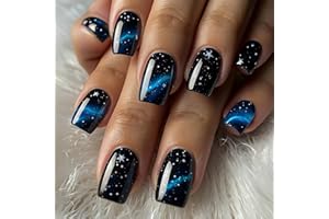 Ceboic 24 Stück Nägel zum Aufkleben Kurz, French Press on Nails Blau Sternenhimmel Glitzer Künstliche Nägel, Eckig Fingernägel zum Aufkleben Full Cover Kunstnägel für Frauen Mädchen DIY Nail Art