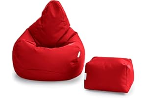 Loft 25 Bean Bag Gamer Chair | Outdoor Indoor Living Room BeanBag Seat | Water Resistant | Ergonomic Design for Body Support | Durable & Comfortable (Bean Bag + Footstool, Red)