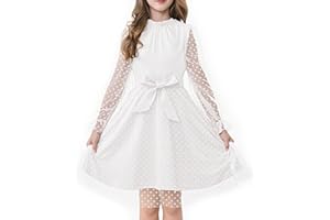 Rolanko Vestido de Manga Larga Abullonada para Niña, Cintura Alta con Cinturón Línea A Cuello Volante Malla Contrastada Vestidos de Princesa para Fiesta en Tul