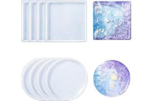 LOREC 8 Pezzi Riutilizzabile Stampi In Silicone per Resina 2 Stili Diversi Stampi per Resina,per Sottobicchieri Tondo,Quadrato Sottobicchieri Fai da te,Decorazione Domestica(Bianco Trasparente）