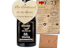 MKISHINE Geburtstag Flaschenetikett +Geburtstagskarte zum 50.+Holzschild Geburtstags 1973 Jahrgang Karte 50 Geburtstag Frau Weinflaschen selbstklebend 50 Lustiges Geschenk 50. Geburtstag für Männer & Frauen