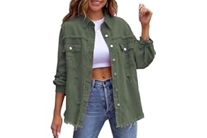MTROTE HXUE - Chaqueta vaquera rasgada con bordes crudos de longitud media - Chaqueta vaquera rasgada de manga larga para mujer Primavera y otoño Tops casuales con solapa y bolsillos