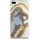 KZY Contact Apple iPhone 8 Plus Compatible Cover Marble Patterned Silicone Case with Pop Socket - Gold