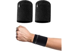 NODCOWS 2 Pezzi Polsini 7,5 * 9cm, Polsino in Spugna con Tasca Zip, Braccialetto Antisudore con Pratica Tasca con Cerniera, Fasce Antisudore da Polso Facili da Indossare per Uscire, Correre, Allenarsi (Nero)