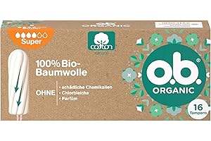 o.b. Organic Super (16 unidades), tampones orgánicos para días fuertes hechos de 100% algodón orgánico con ranuras curvadas para una protección fiable y natural