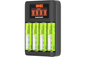 Chargeur Piles Rechargeables AA et AAA avec 4 Piles AA Minh Rechargeables incluses | 100% PEAKPOWER | Chargeur Rapide avec USB 4 emplacements + 4 Piles AA Minh pré-chargées - Haute capacité