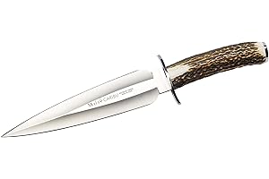 CARIBU Muela Cuchillo Hoja de Acero MoVa 22 cm y empuñadura de asta de Ciervo para Caza, Pesca, Supervivencia y Bushcraft + Portabotellas de Regalo