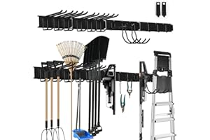 SDLDEER Besenhalterung Wand, Garagen Wand Management Aufbewahrungsregal, Robuste Edelstahlhalterung mit 12 Haken, Gartengeräte Halterung für Brush Mop Besen und Werkzeugaufbewahrung (Schwarz)