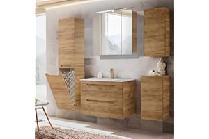 Lomadox Badezimmermöbel Set Eiche, Keramik Waschtisch mit Unterschrank, Spiegelschrank mit LED-Beleuchtung, Hochschrank mit Wäschesammler, Hänegschrank, Unterschrank