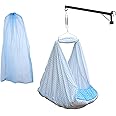 Beetot New Born Baby Swing Cradle (Jhula) Set | Mosquito Net, Spring, Triangle Window Hanger | Weight Capacity Up to 20Kg | Age from 0-12 Months | (White+Blue+Printed) - Cotton