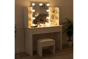 ‎JUSKYS Juskys Schminktisch mit Beleuchtung und Spiegel, Vanity Table, Schublade & 4 Ablagefächern - Holz - Weiß - Kosmetiktisch Frisiertisch