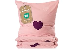 ‎LAVEA Lavea Kinder Bettwäsche Set – Emilia 100 x 135 cm + 40 x 60 cm – Herzmotiv Rosa-Bordeaux – Bettwäsche Mädchen – 100% Bio-Baumwolle – GOTS Zertifiziert – mit Reißverschluss