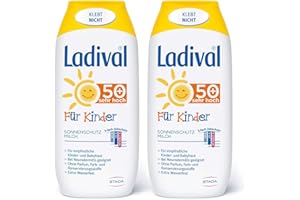 ‎STADA Ladival Kinder 2 x Sonnenmilch LSF 50+ Parfümfreie Sonnenschutzlotion für Kinder ohne Farb und Konservierungsstoffe wasserfest 2 x 200 ml, keine, 400 milliliter