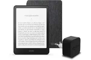 El último Kindle Paperwhite (versión 2024) de 16 GB sin anuncios, una funda de tela de Amazon y un adaptador de corriente Amazon Powerfast de 9 W.