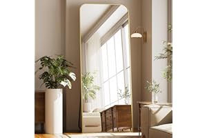Koonmi Top Curved Large Mirror Full Length, 76 x 171 cm Free Standing with Stand, Large Floor Full Body Mirror with Round Corner on top, Hanging Wall Mounted for Bedroom, Living Room, Gold