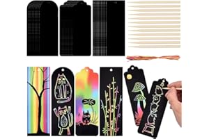 WILLINGOOD 30 Stück Kratzbild Lesezeichen Set Kratzbilder für Kinder Kratzbilder Lesezeichen Magic Regenbogen Scratch Papier mit 30 Bändern und 12 Stäbchen für Geburtstag Bastelbedarf DIY Geschenkanhänger