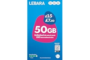 Lebara Mobile SIM Card with 50GB Data Plan for £7.50, Half Price for First 3 Months, No Contract, UK Calls, Texts, International Minutes, EU and India Roaming Included