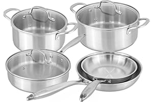 Stainless Steel Pots and Pans Set – 8pcs Cookware with Glass Lids – Induction Hob Pot Set – Cooking Saucepan Pots & Frying Pan Set – by Nuovva