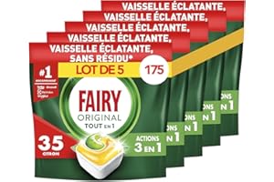 Fairy Original Tablettes Lave-Vaisselle Tout En 1 Citron, Pack Familial 175 Capsules (5x35), Efficaces Contre Graisse Incrustée, Action Sel et Rinçage, Protection Verre et Argent, Dissolution Rapide
