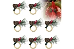 OKUYAN 8PCS Christmas Napkin Rings Wooden Napkin Holders with Pine Cone Christmas Pine Cone Napkin Holders Christmas Red Berries Napkin Holder Xmas Napkin Buckles Set for Christmas Party Table Decor