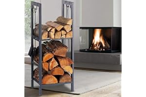 BAKAJI Portalegna Verticale Supporto Scaffale in Metallo Porta Legna 2 Ripiani da Interno Esterno Legnaia Casa Giardino per Camino Caminetto Stufa Design Moderno (100 x 40 x 30 cm)