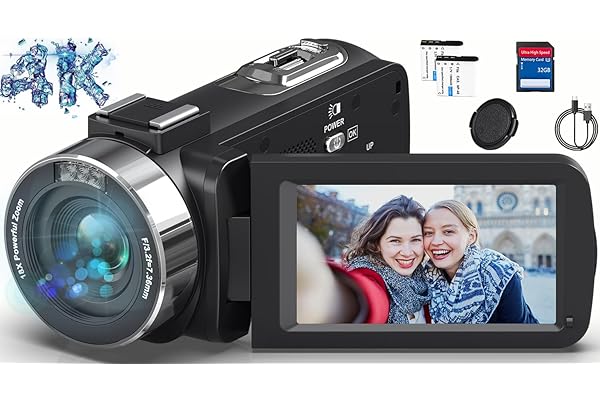 Caméscope 4K Caméra Vidéo HD 80MP 30FPS Vision Nocturne Infrarouge Zoom Numérique 18X Webcam Camescope, 3,0’’ Pouces Rotation à Écran IPS Vlogging Camera pour Youtube avec 2 Batteries, Carte SD 32Go